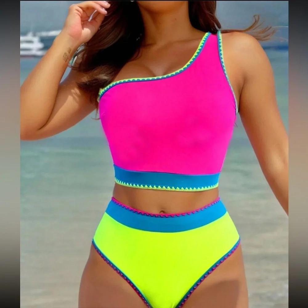 **NEW** Neon One-Shoulder Two Piece Swimsuit - Picture 2 of 6